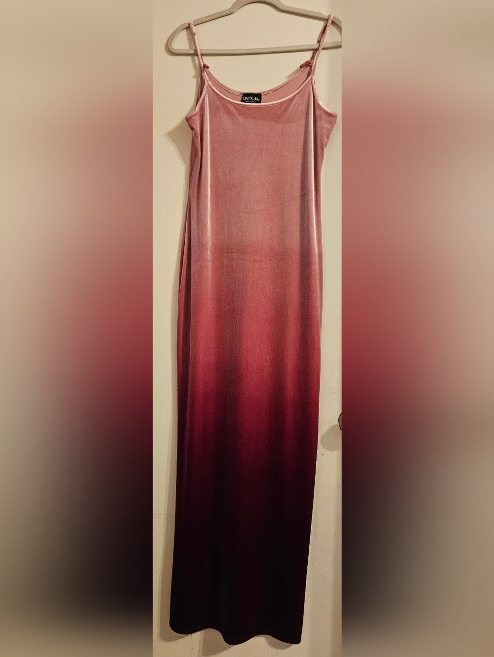 Vintage 90s Onyx Nite Pink Velvet Maxi Dress High Back Slit Size 10